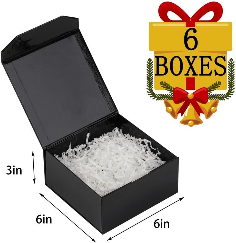 PACKGILO 6 Pcs Small Black Gift Box 6x6x3 Inch Magnetic Gift Box Small Magnetic Box with Crinkle Paper Black Small Gift Box with Shredded Paper Luxury Gift Boxes with Lids for Presents - Image 3